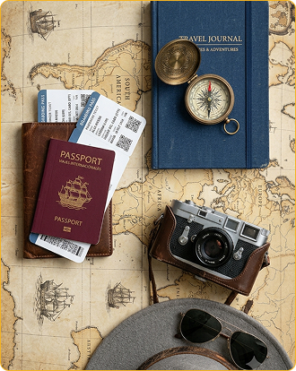 Accesorios de viaje: pasaporte, mapa, brújula
