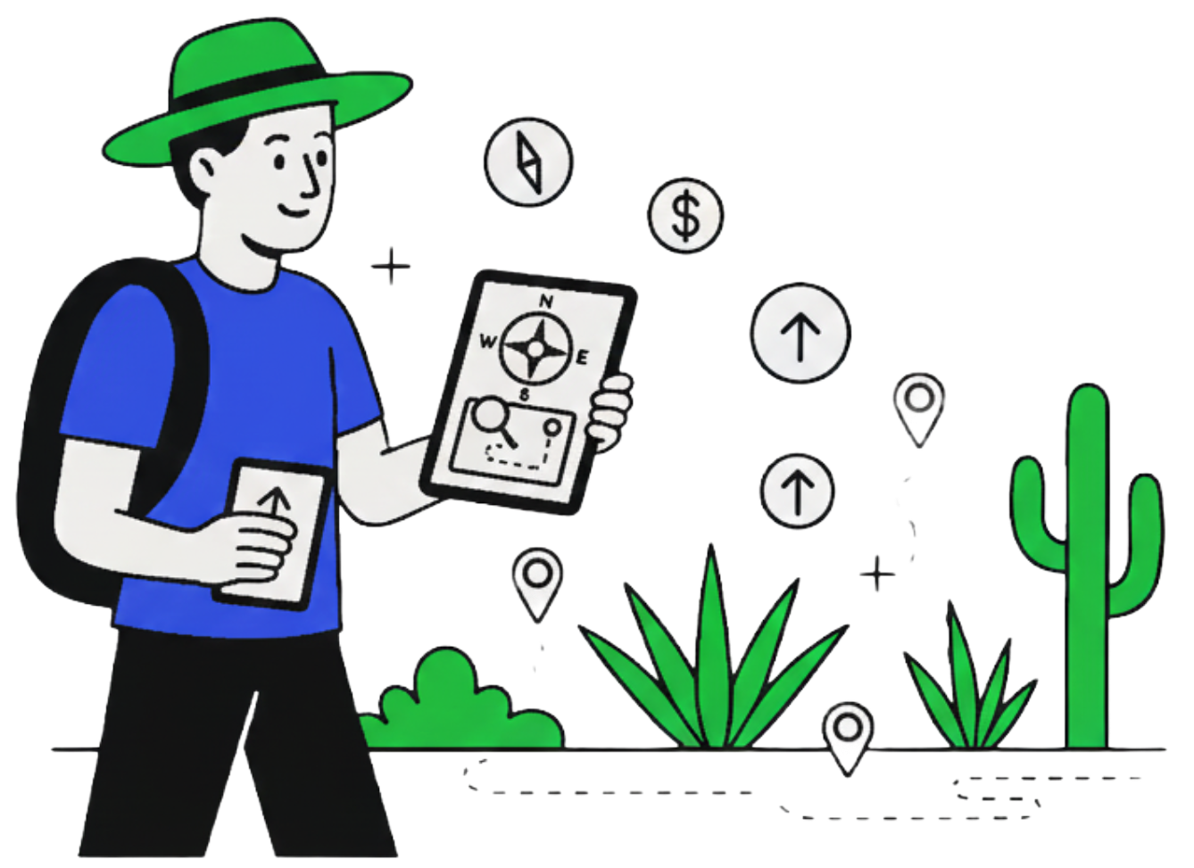 Ilustración de turista con brújula